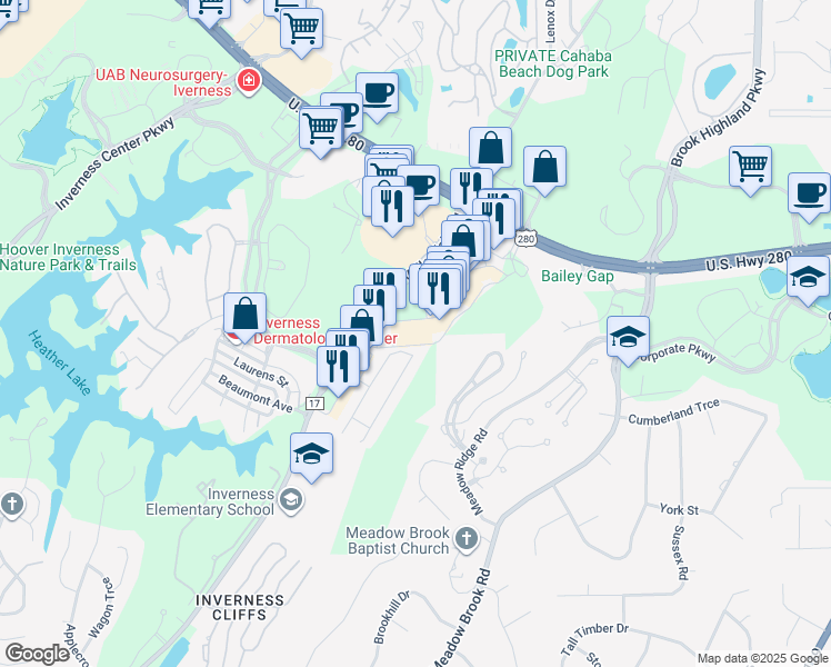 map of restaurants, bars, coffee shops, grocery stores, and more near 1210 Inverness Highland Drive in Birmingham