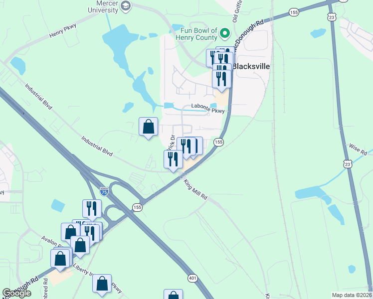 map of restaurants, bars, coffee shops, grocery stores, and more near 610 Georgia 155 South in McDonough