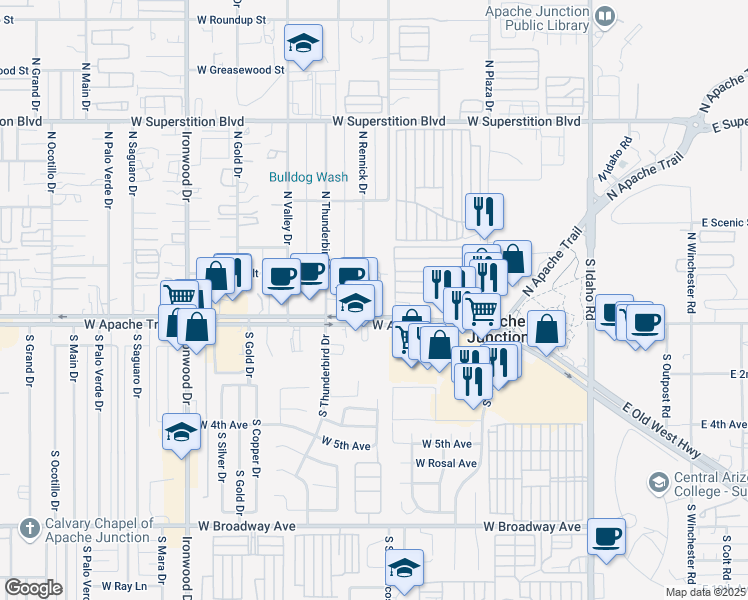 map of restaurants, bars, coffee shops, grocery stores, and more near 810 Apache Trail in Apache Junction
