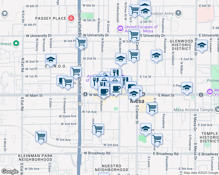 map of restaurants, bars, coffee shops, grocery stores, and more near 127 West Pepper Place in Mesa