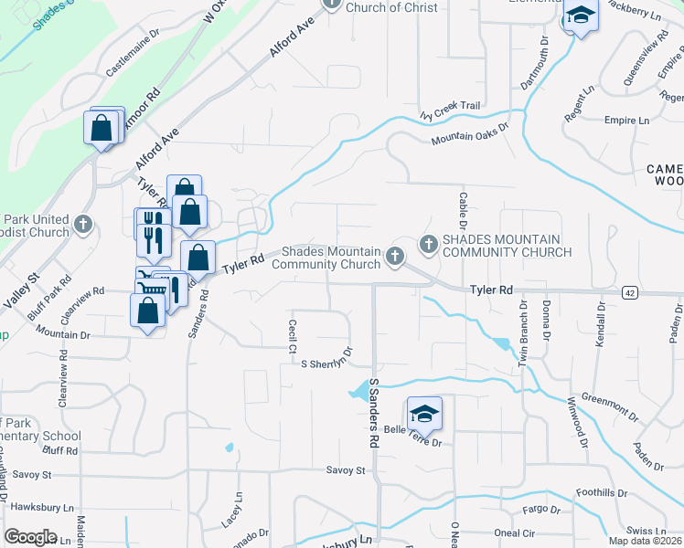 map of restaurants, bars, coffee shops, grocery stores, and more near 731 Audrey Lane in Birmingham