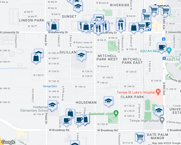 map of restaurants, bars, coffee shops, grocery stores, and more near 1017 West 12th Street in Tempe