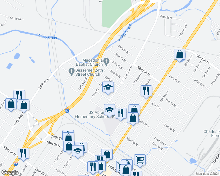 map of restaurants, bars, coffee shops, grocery stores, and more near 2503 12th Court North in Bessemer