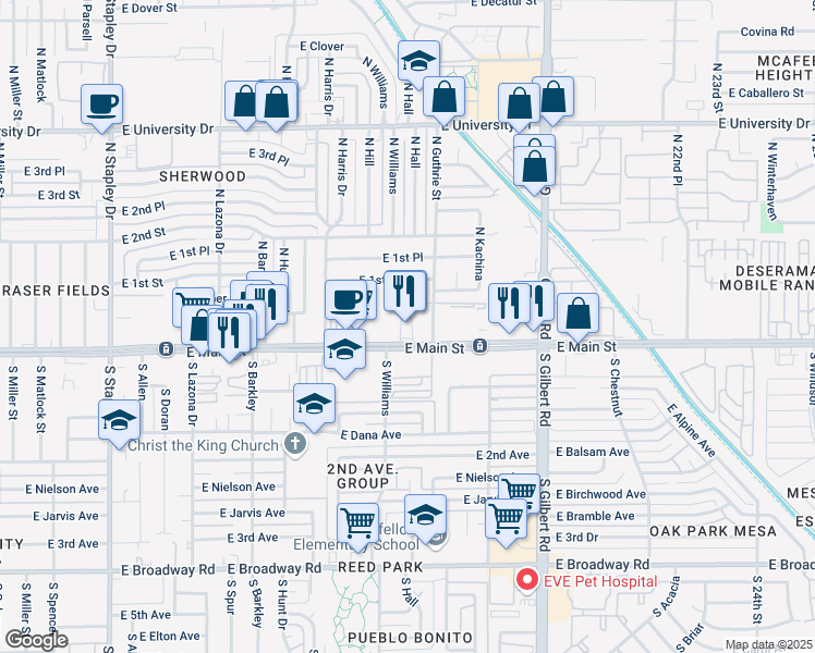map of restaurants, bars, coffee shops, grocery stores, and more near 1734 East Main Street in Mesa
