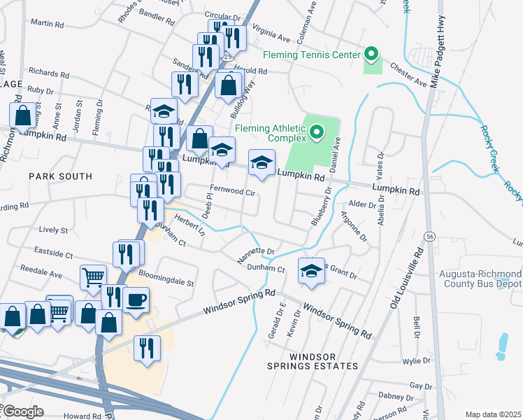 map of restaurants, bars, coffee shops, grocery stores, and more near 2526 Elderberry Drive in Augusta