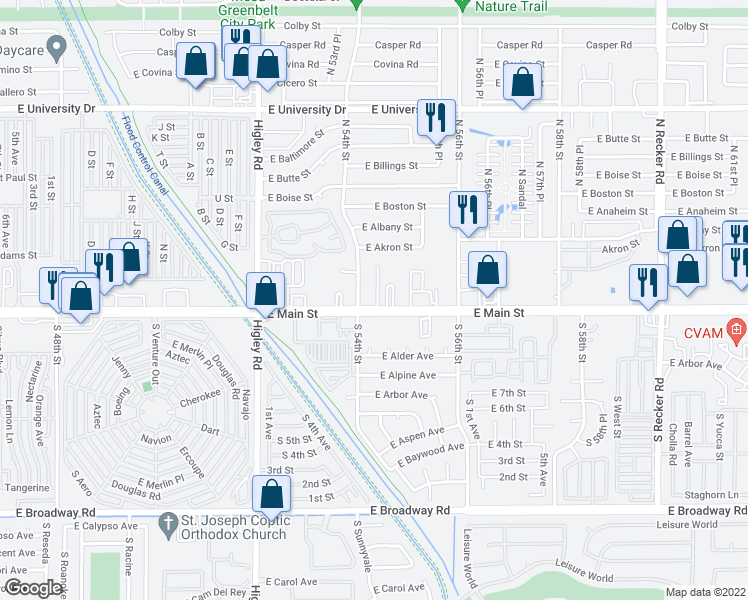 map of restaurants, bars, coffee shops, grocery stores, and more near 5414 East Main Street in Mesa