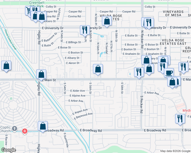 map of restaurants, bars, coffee shops, grocery stores, and more near 5626 East Main Street in Mesa