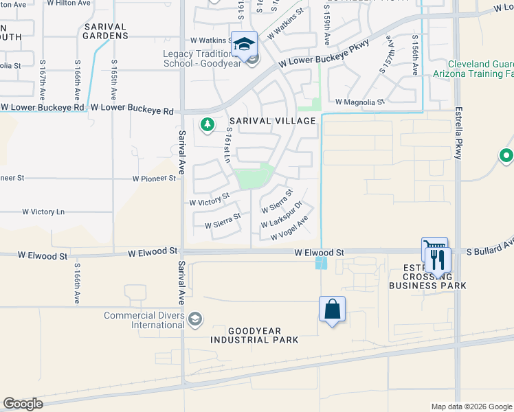 map of restaurants, bars, coffee shops, grocery stores, and more near 3430 South 160th Lane in Goodyear