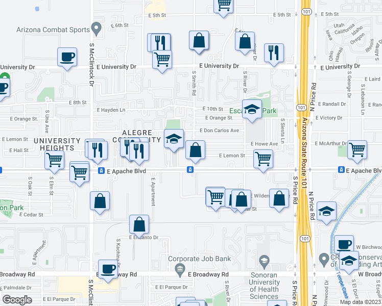 map of restaurants, bars, coffee shops, grocery stores, and more near 2010 East Apache Boulevard in Tempe