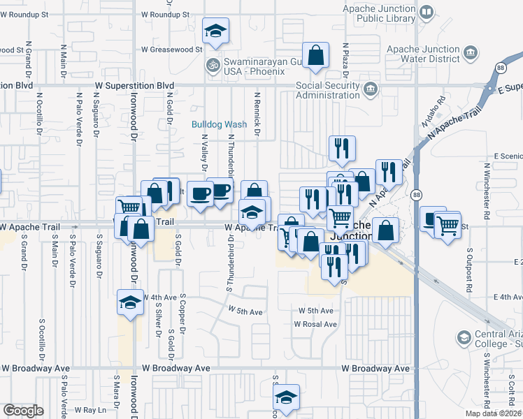 map of restaurants, bars, coffee shops, grocery stores, and more near 870 Apache Trail in Apache Junction