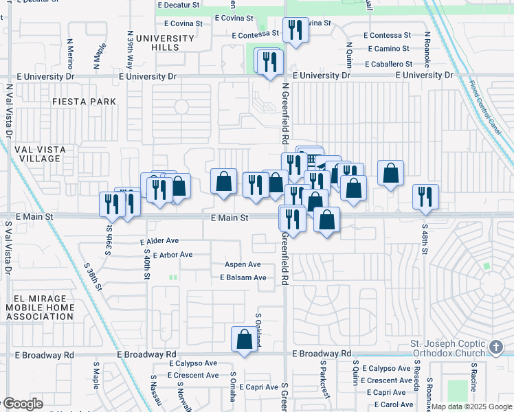 map of restaurants, bars, coffee shops, grocery stores, and more near 4308 East Main Street in Mesa