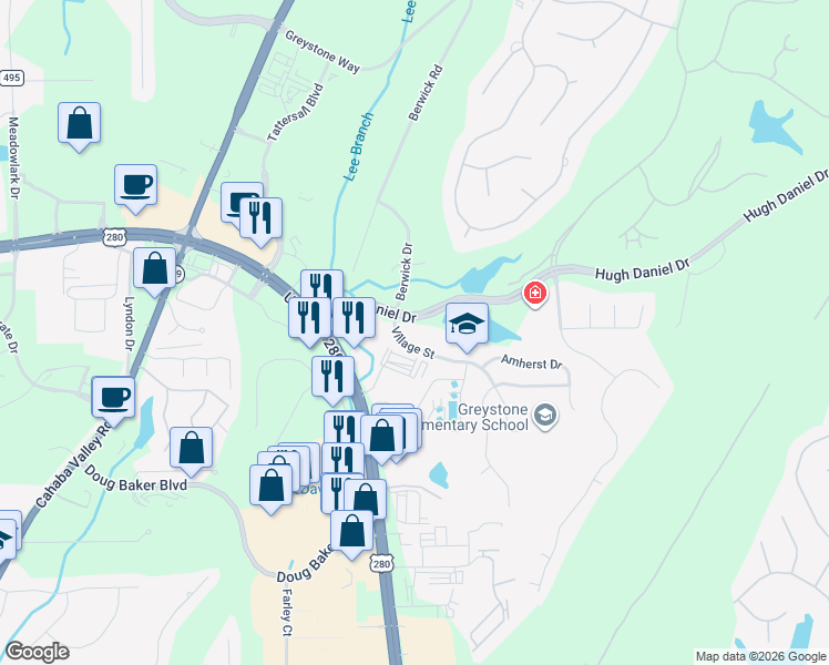 map of restaurants, bars, coffee shops, grocery stores, and more near 100 Village Street in Birmingham