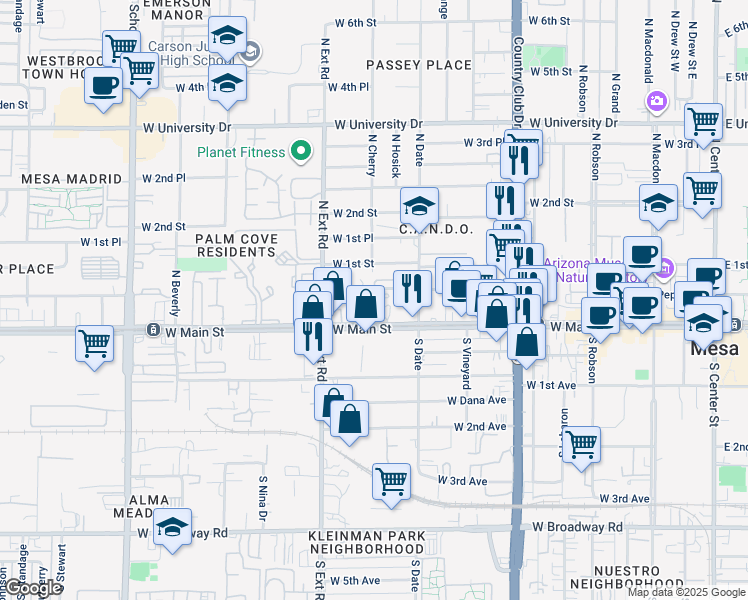 map of restaurants, bars, coffee shops, grocery stores, and more near 668 West Main Street in Mesa
