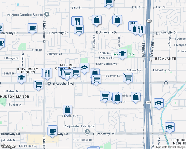 map of restaurants, bars, coffee shops, grocery stores, and more near 2010 East Apache Boulevard in Tempe