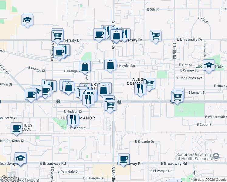 map of restaurants, bars, coffee shops, grocery stores, and more near 1245 South McClintock Drive in Tempe