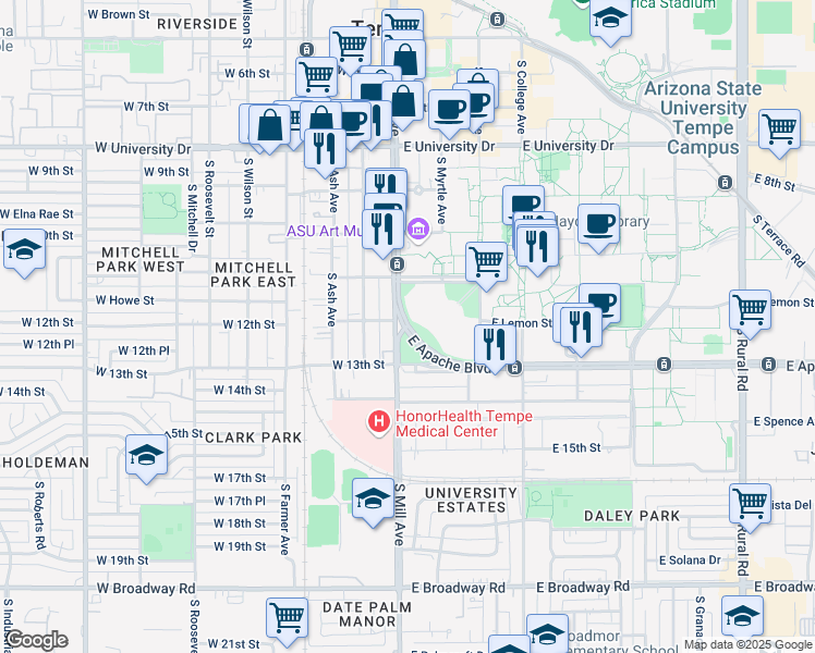 map of restaurants, bars, coffee shops, grocery stores, and more near 1295 South Mill Avenue in Tempe