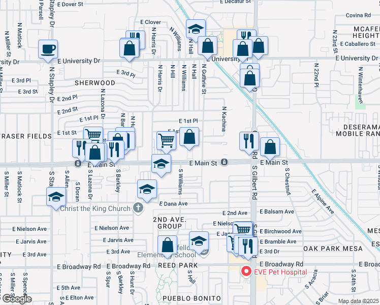 map of restaurants, bars, coffee shops, grocery stores, and more near 1734 East Main Street in Mesa