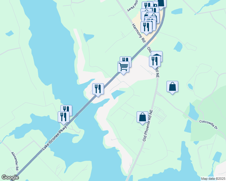 map of restaurants, bars, coffee shops, grocery stores, and more near 103 North Hidden Lake Drive in Eatonton