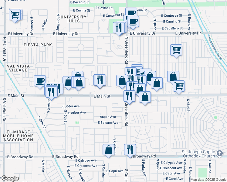 map of restaurants, bars, coffee shops, grocery stores, and more near 4308 E Main St in Mesa