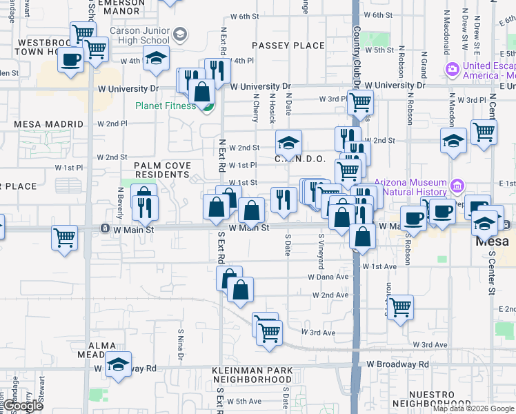 map of restaurants, bars, coffee shops, grocery stores, and more near 668 West Main Street in Mesa