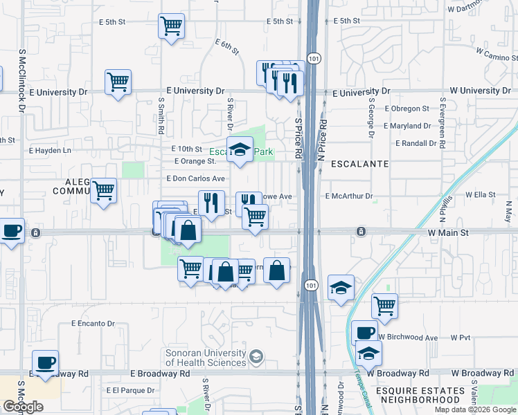 map of restaurants, bars, coffee shops, grocery stores, and more near 2145 East Lemon Street in Tempe