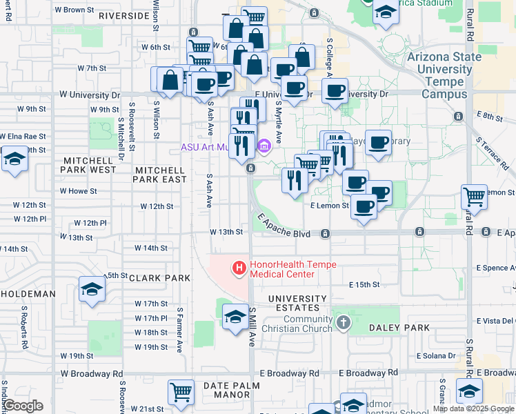 map of restaurants, bars, coffee shops, grocery stores, and more near in Tempe