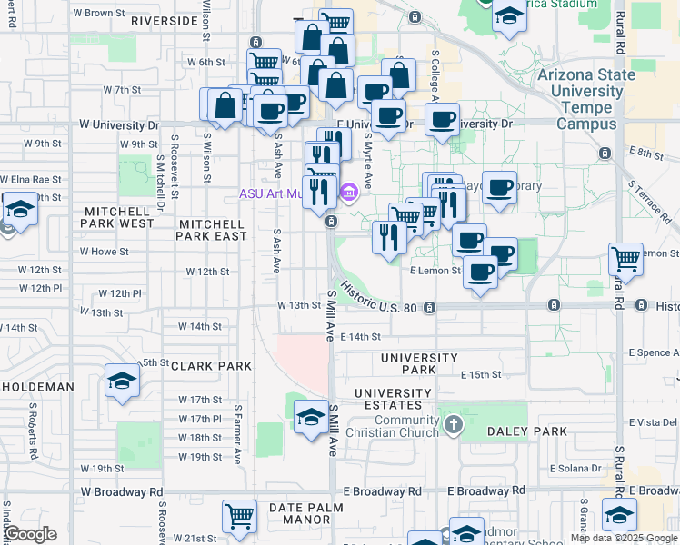 map of restaurants, bars, coffee shops, grocery stores, and more near Apache Blvd & S Mill Ave in Tempe
