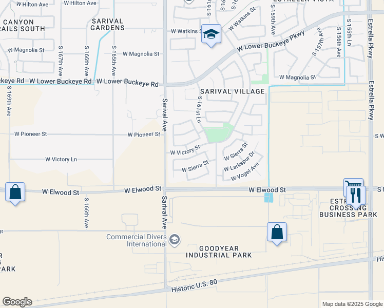 map of restaurants, bars, coffee shops, grocery stores, and more near 16239 West Lupine Avenue in Goodyear