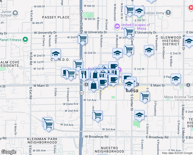 map of restaurants, bars, coffee shops, grocery stores, and more near 22 North Robson in Mesa