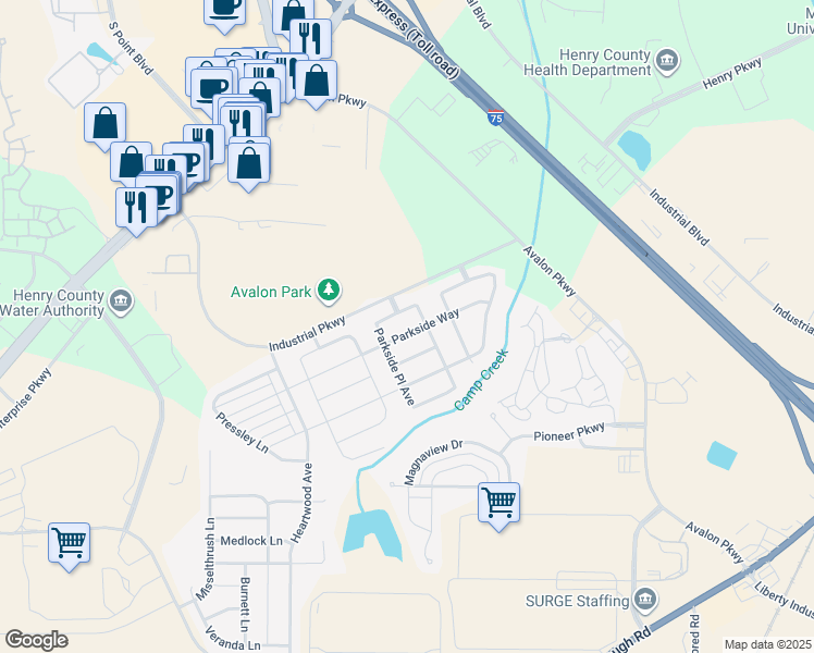 map of restaurants, bars, coffee shops, grocery stores, and more near 463 Parkside Way in McDonough