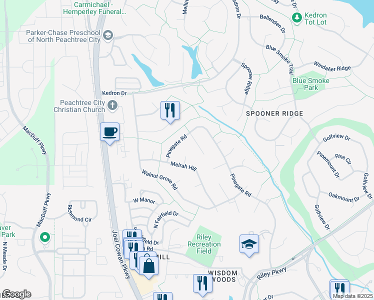 map of restaurants, bars, coffee shops, grocery stores, and more near 102 Danbury Yard Road in Peachtree City