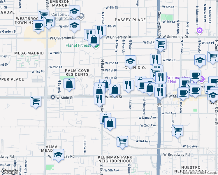 map of restaurants, bars, coffee shops, grocery stores, and more near 738 West Main Street in Mesa