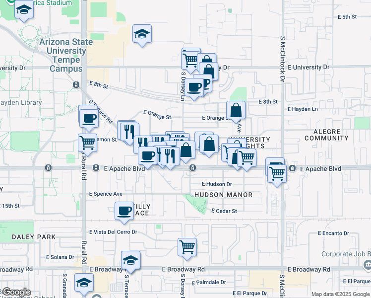 map of restaurants, bars, coffee shops, grocery stores, and more near 1250 East Apache Boulevard in Tempe