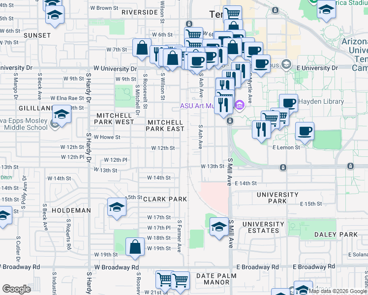 map of restaurants, bars, coffee shops, grocery stores, and more near 1217 South Farmer Avenue in Tempe