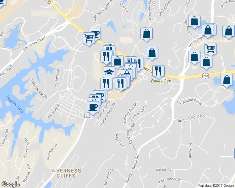 map of restaurants, bars, coffee shops, grocery stores, and more near 850 Inverness Corners in Birmingham