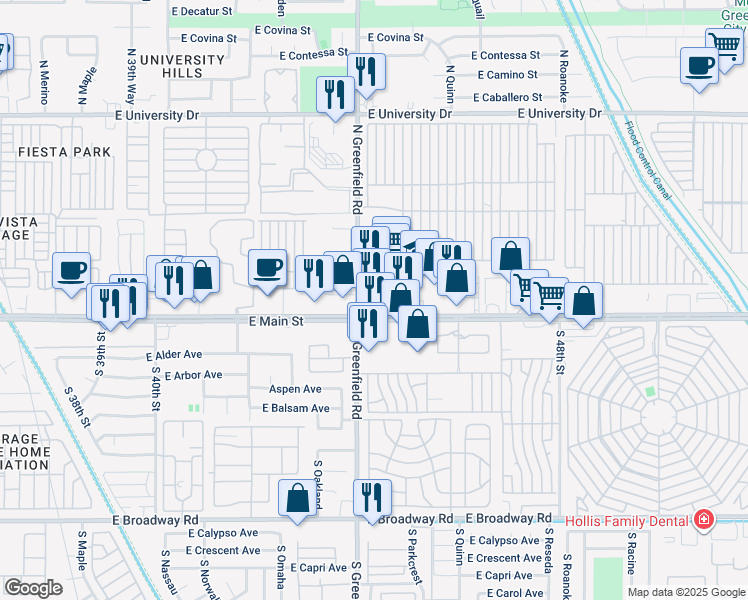map of restaurants, bars, coffee shops, grocery stores, and more near 4432 East Main Street in Mesa