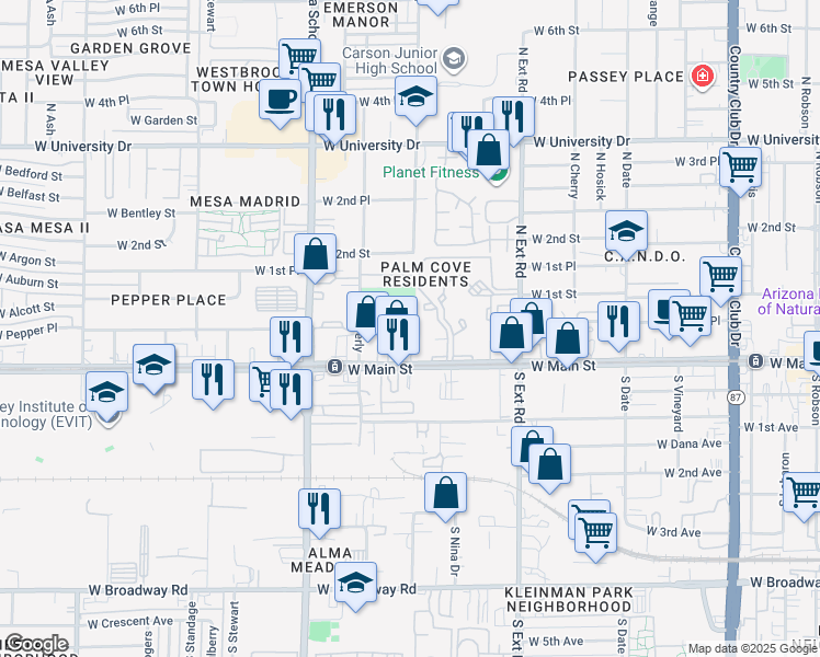 map of restaurants, bars, coffee shops, grocery stores, and more near 960 West Main Street in Mesa
