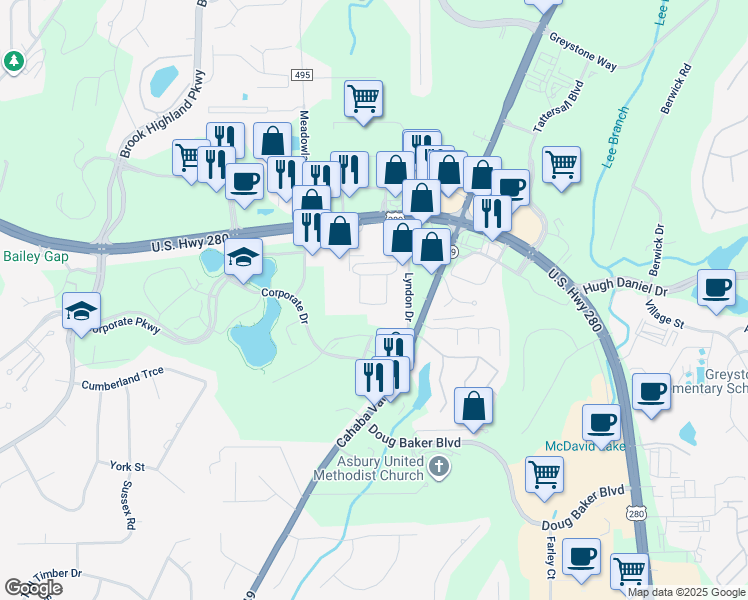 map of restaurants, bars, coffee shops, grocery stores, and more near 1800 Corporate Drive in Birmingham