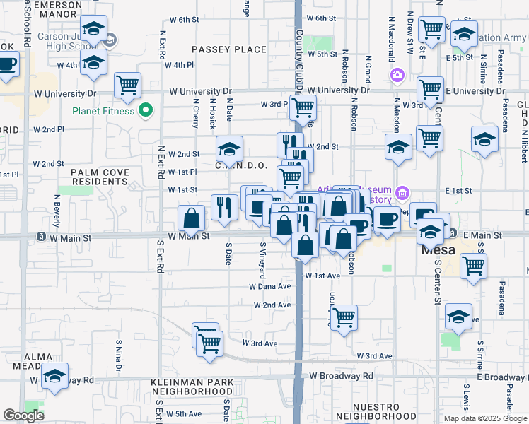 map of restaurants, bars, coffee shops, grocery stores, and more near 501 West Pepper Place in Mesa