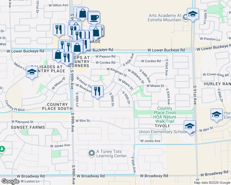 map of restaurants, bars, coffee shops, grocery stores, and more near 3410 South 96th Avenue in Tolleson