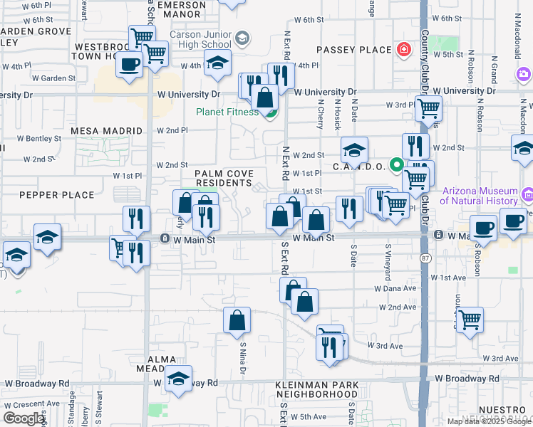 map of restaurants, bars, coffee shops, grocery stores, and more near Eperney Apartments in Mesa