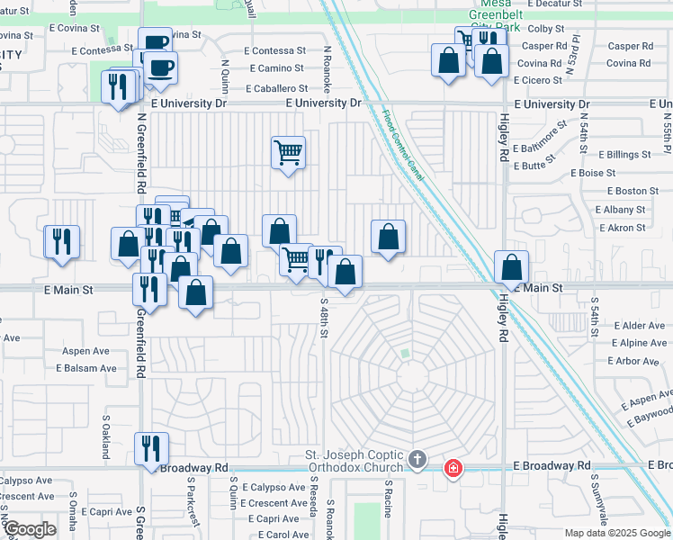 map of restaurants, bars, coffee shops, grocery stores, and more near 4805 E Main St in Mesa