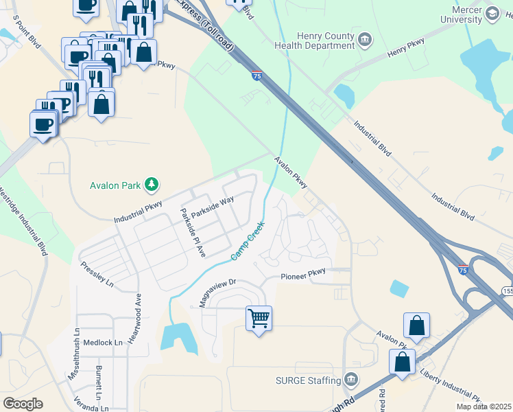 map of restaurants, bars, coffee shops, grocery stores, and more near 200 Parkview Place Drive in McDonough