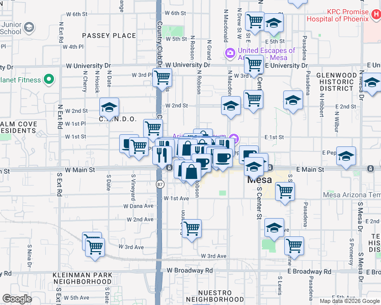 map of restaurants, bars, coffee shops, grocery stores, and more near 160 West Main Street in Mesa