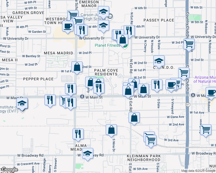 map of restaurants, bars, coffee shops, grocery stores, and more near 960 West Main Street in Mesa