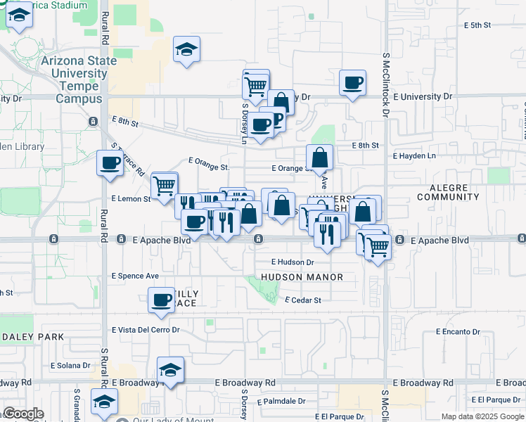 map of restaurants, bars, coffee shops, grocery stores, and more near in Tempe