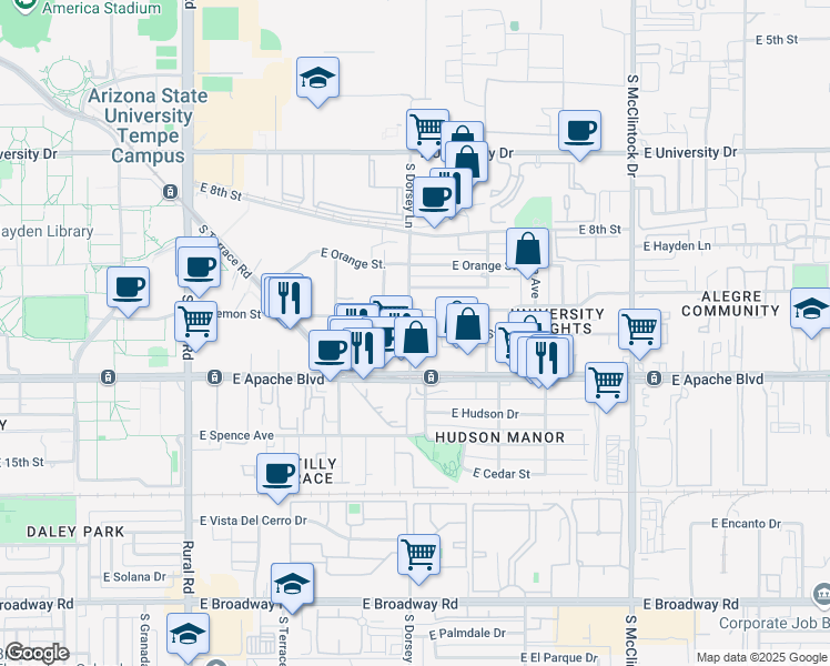 map of restaurants, bars, coffee shops, grocery stores, and more near 1250 East Apache Boulevard in Tempe
