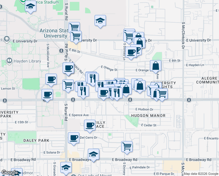map of restaurants, bars, coffee shops, grocery stores, and more near 1216 East Apache Boulevard in Tempe