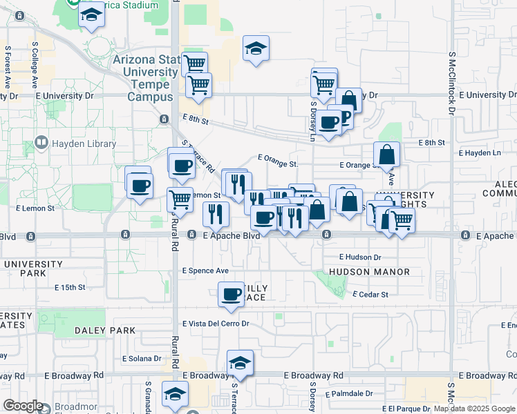 map of restaurants, bars, coffee shops, grocery stores, and more near 1115 East Lemon Street in Tempe