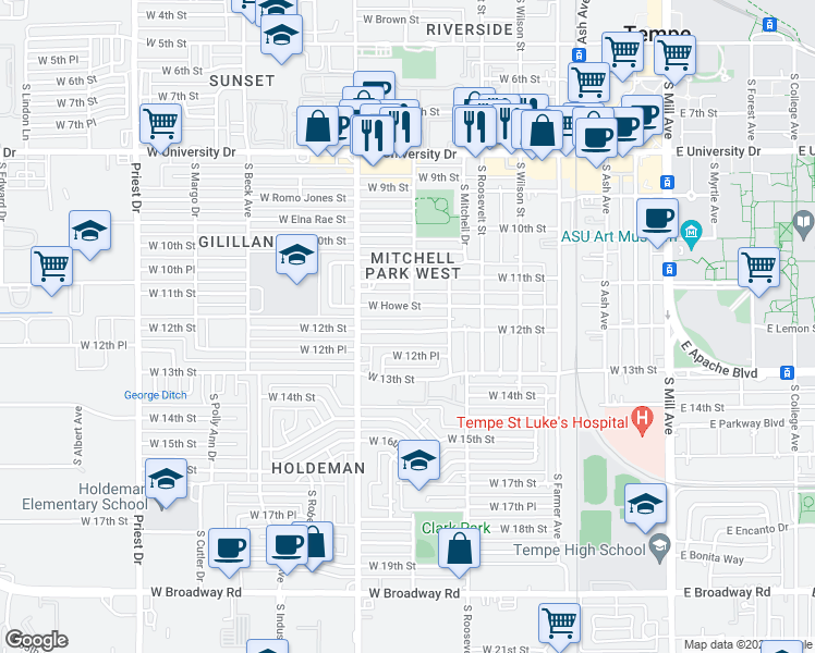 map of restaurants, bars, coffee shops, grocery stores, and more near 714 West 12th Place in Tempe
